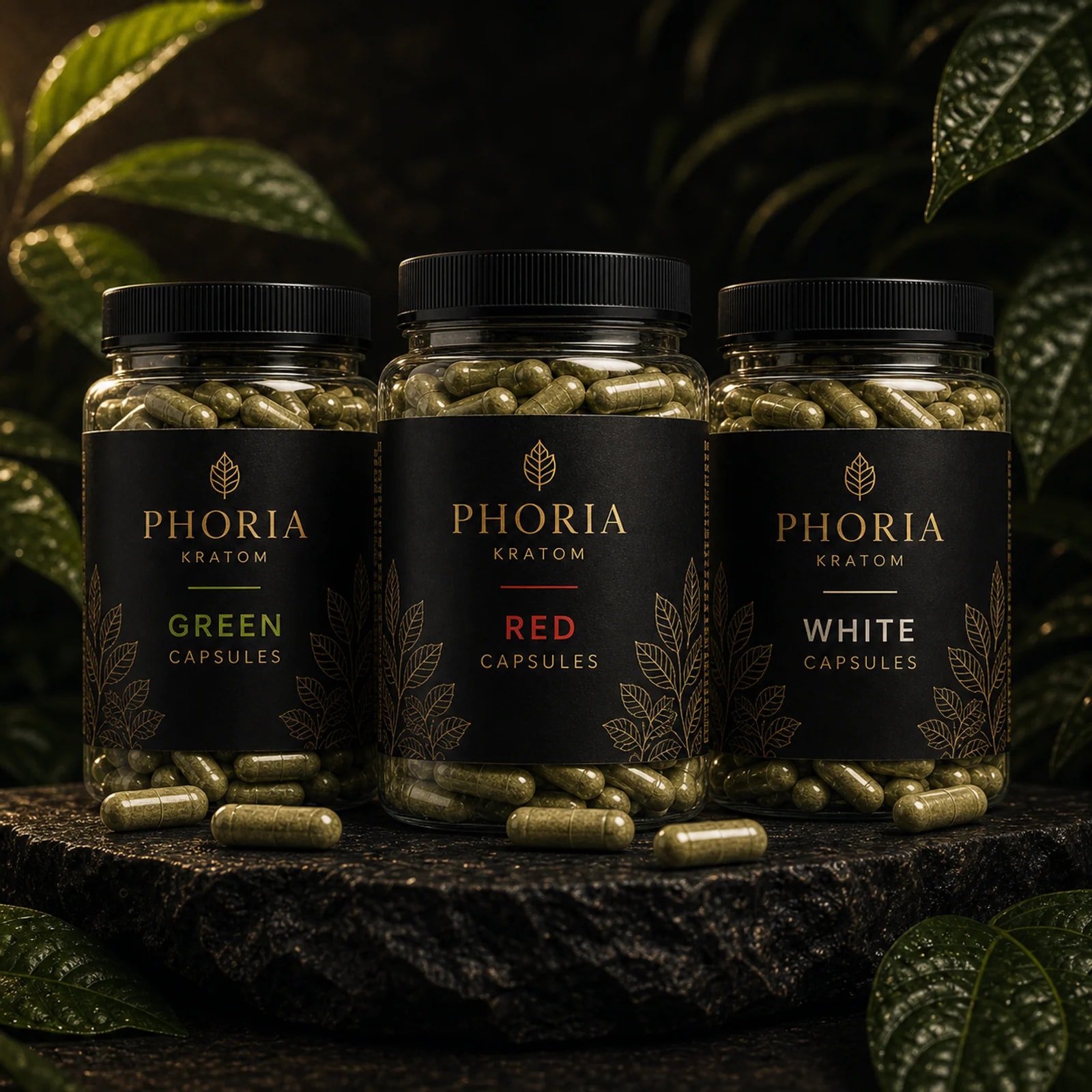 Phoria Capsule Explorer kratom bundle with green red and white capsule bottles