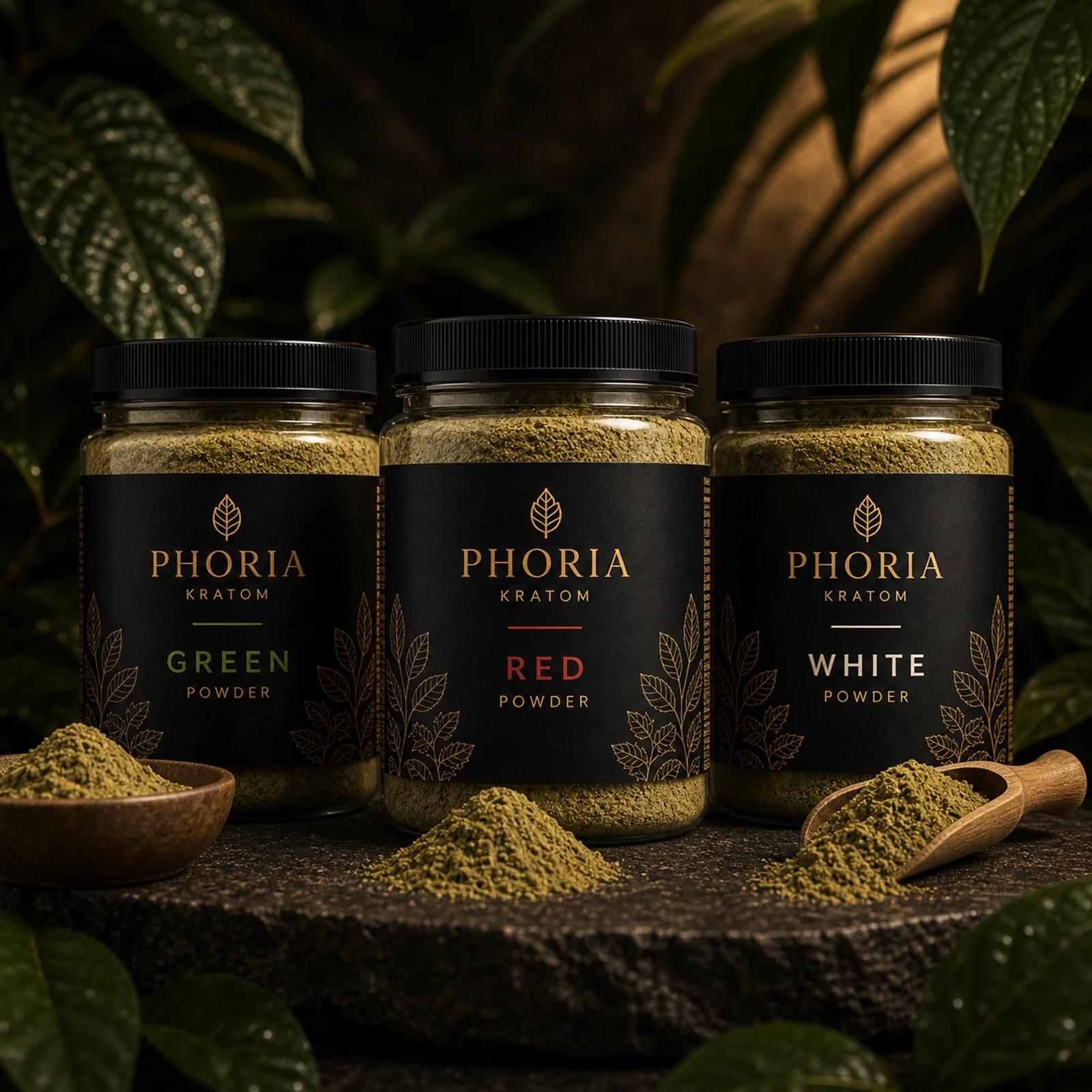 Phoria Powder Explorer kratom bundle with green red and white powder jars