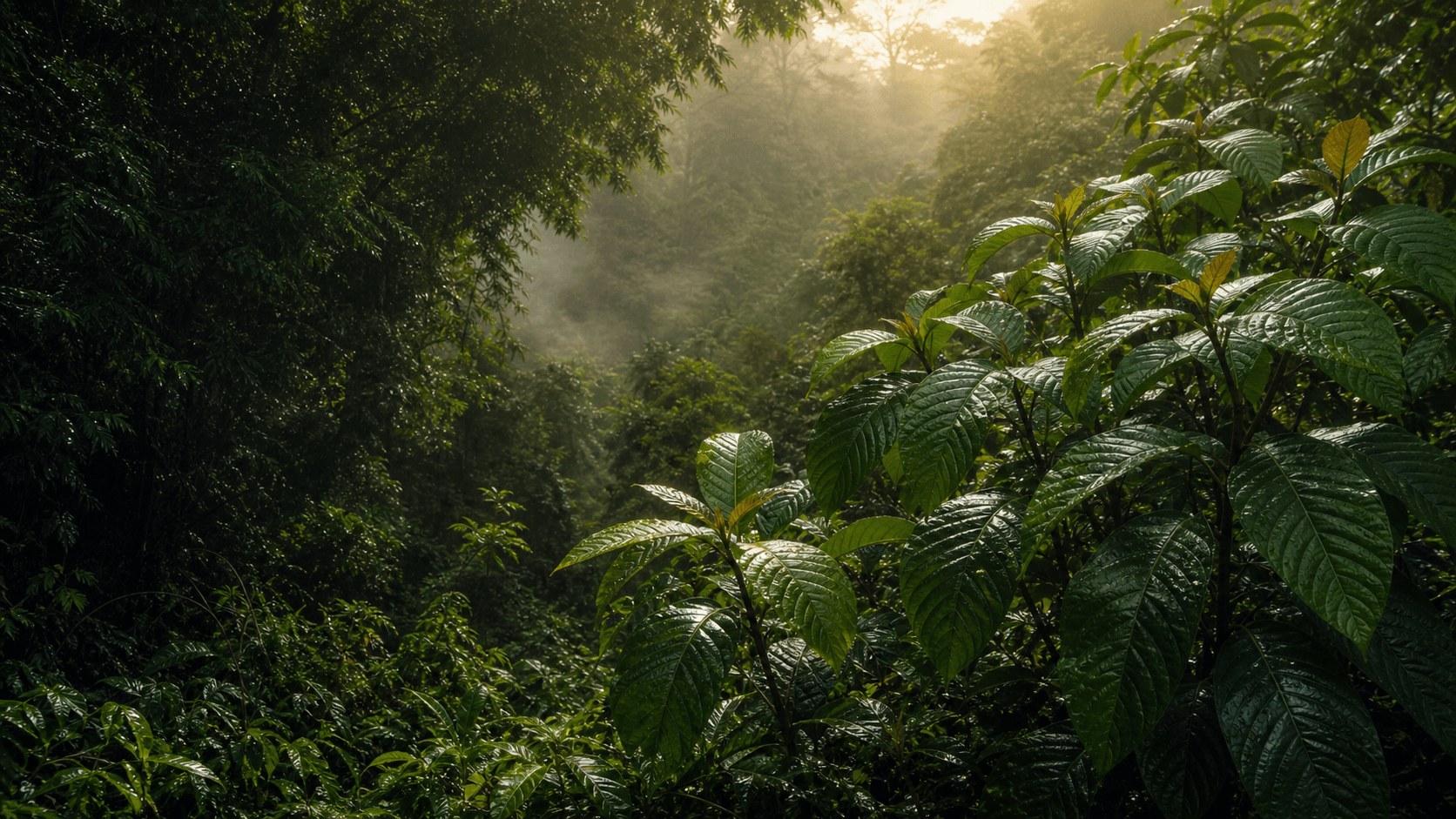 Rain-washed kratom leaves in a tropical jungle after rainfall