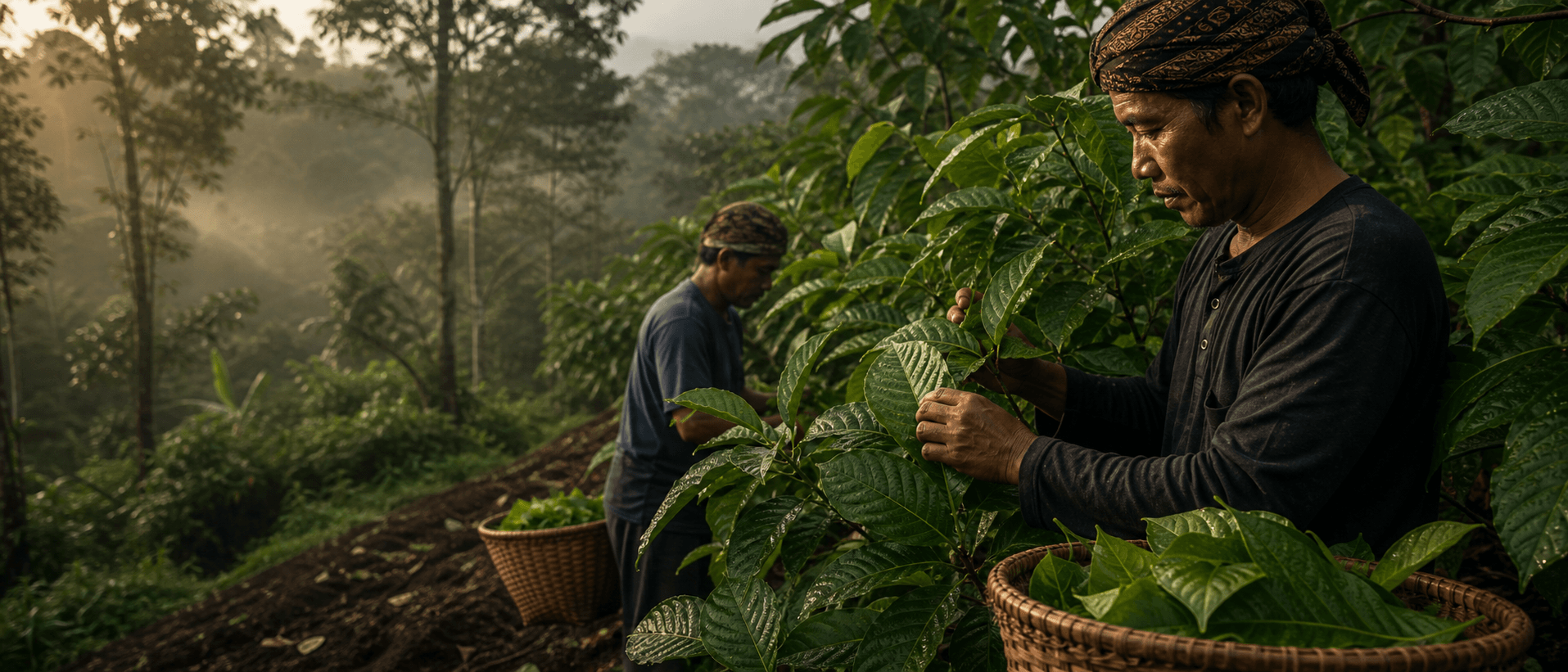 Kratom leaves being hand harvested in Indonesia after rain