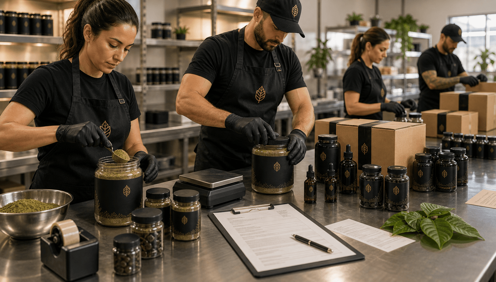 Phoria Kratom products being packaged in a clean quality-focused facility