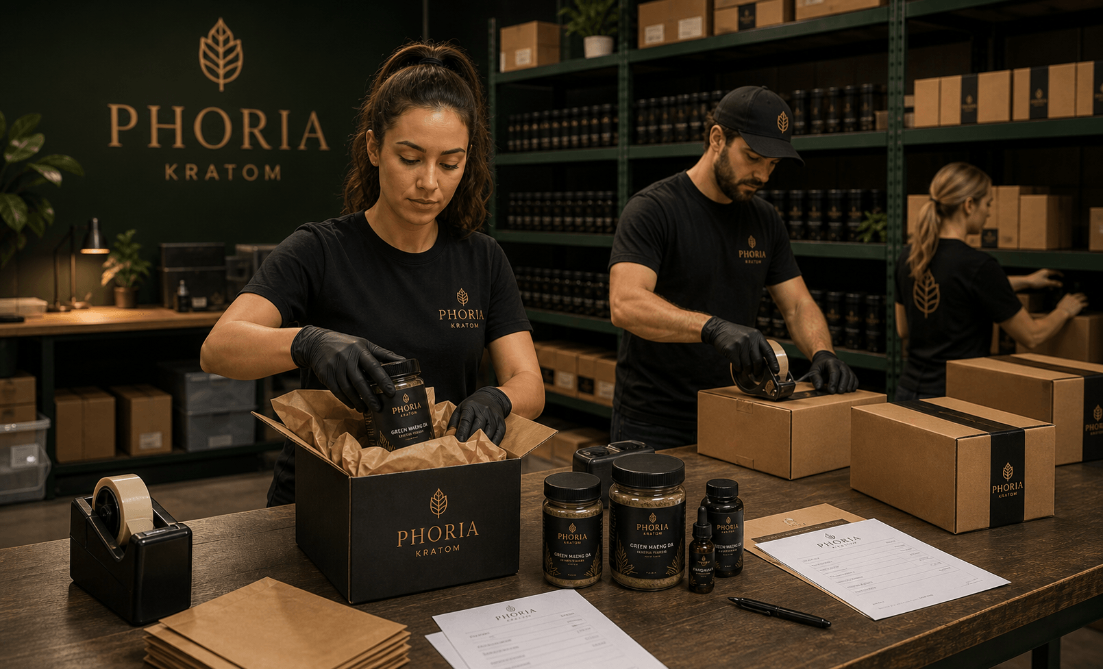 Phoria Kratom orders being packed and shipped from an organized warehouse