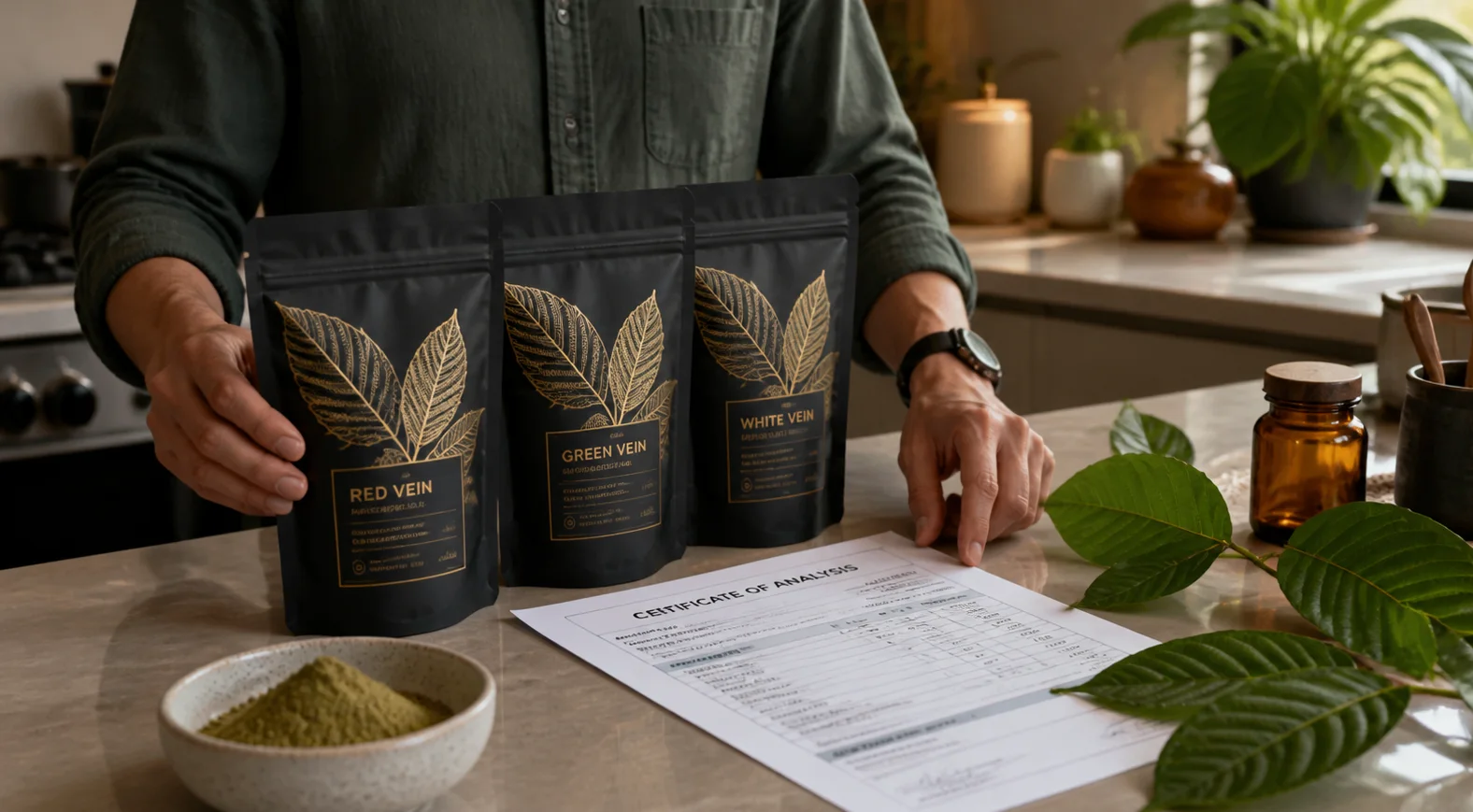 Adult reviewing Phoria kratom pouches with a Certificate of Analysis and batch records
