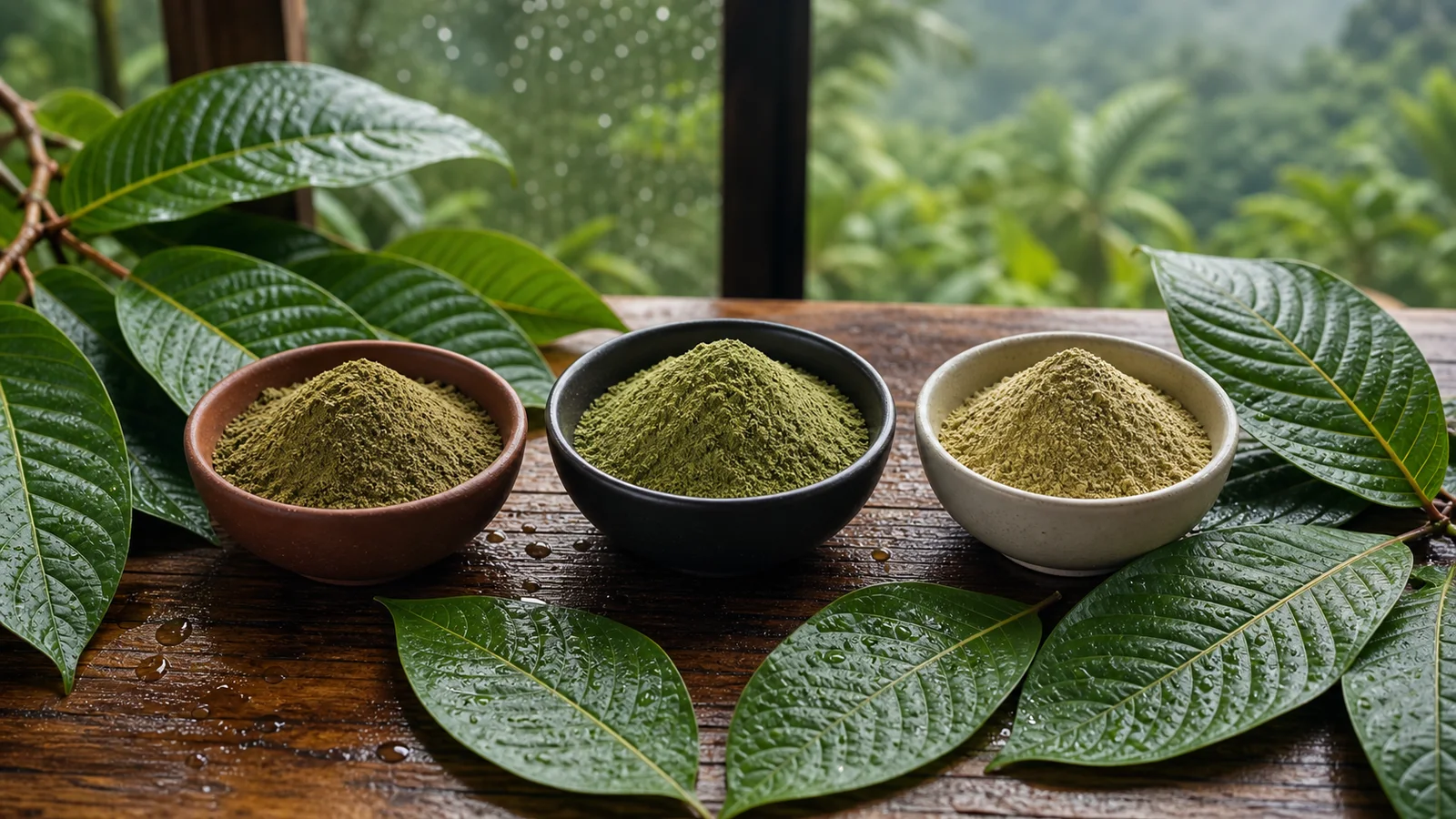 Red green and white kratom powder bowls with rain washed Mitragyna speciosa leaves