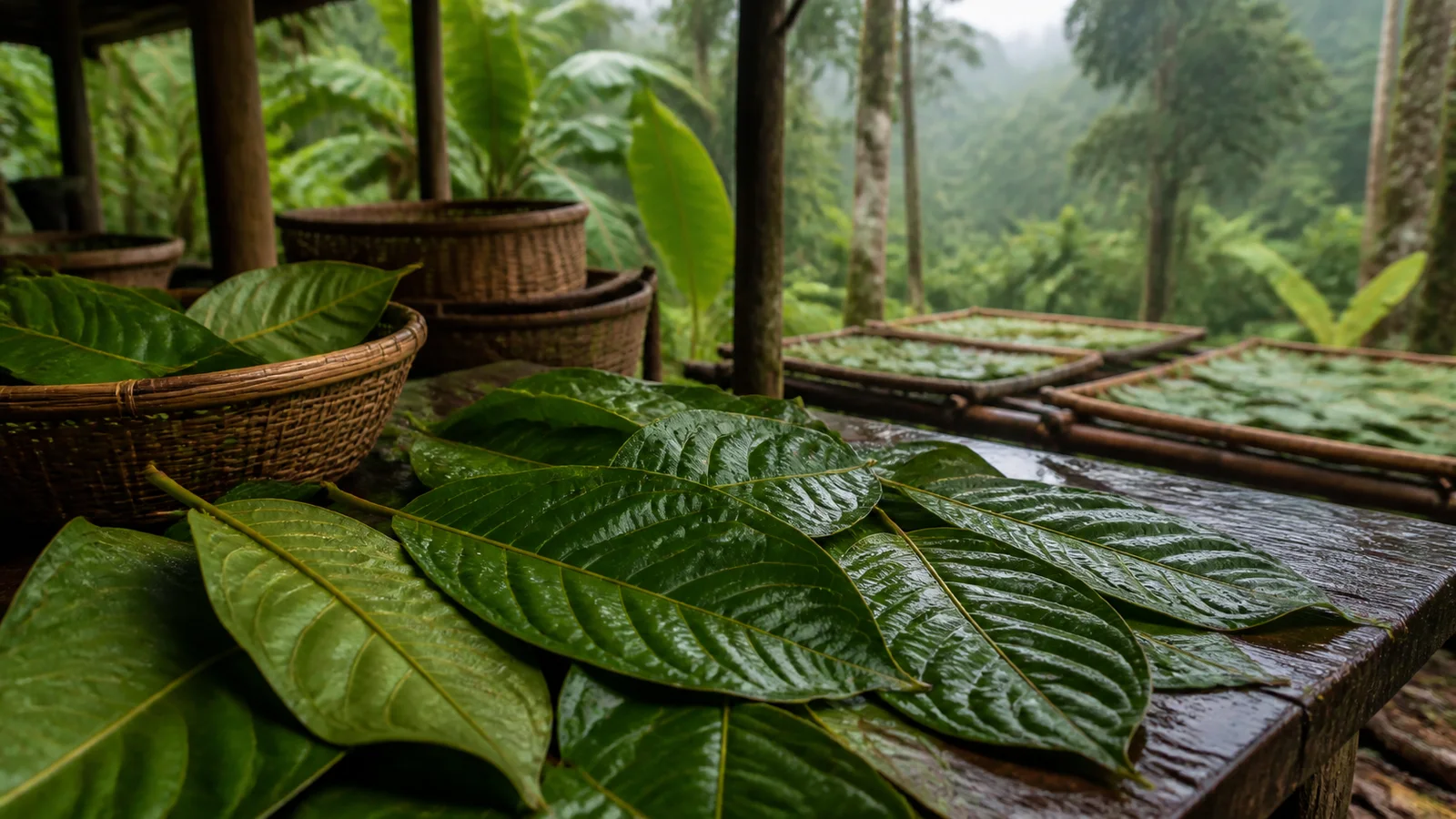 Fresh kratom leaves on a rainforest sorting table after rain for regional strain education