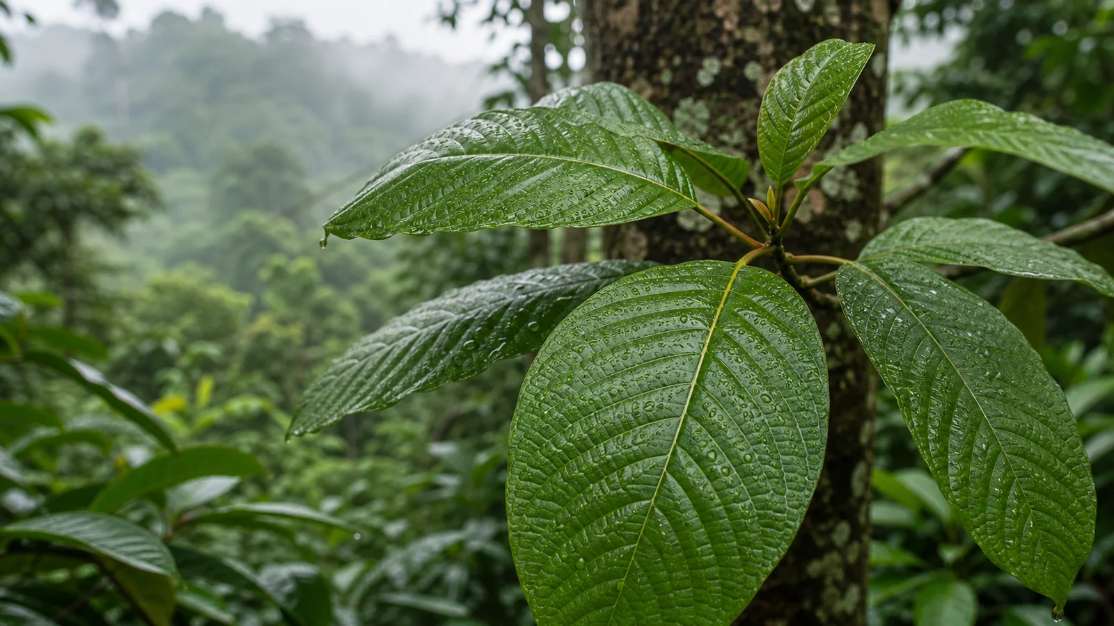 Mitragyna speciosa kratom leaves growing on a tropical tree branch after rainfall