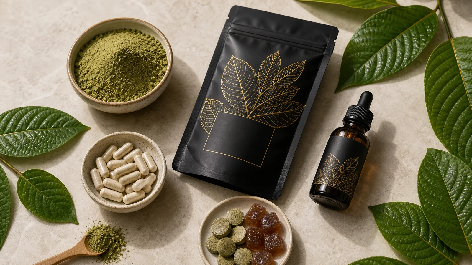 Phoria kratom powder capsules extract and gummies arranged as a shopping format guide