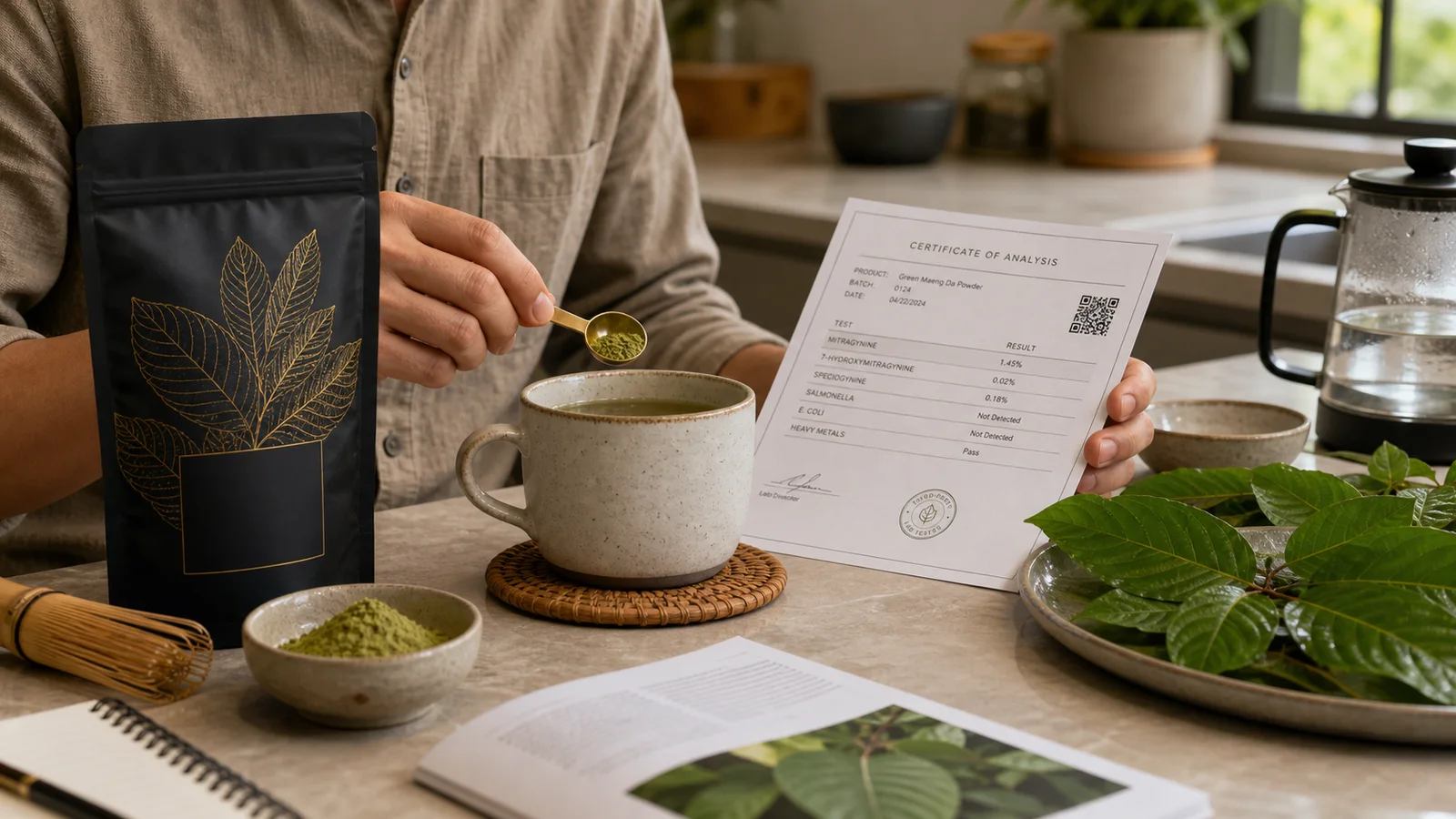 Adult preparing kratom tea setup while reviewing product information and a Certificate of Analysis